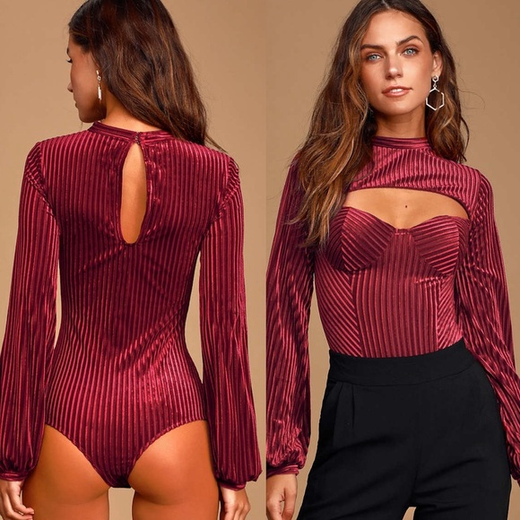 Lulus Tops - LULUS Always Alluring Burgundy Striped Velvet Cutout Bustier Bodysuit XS